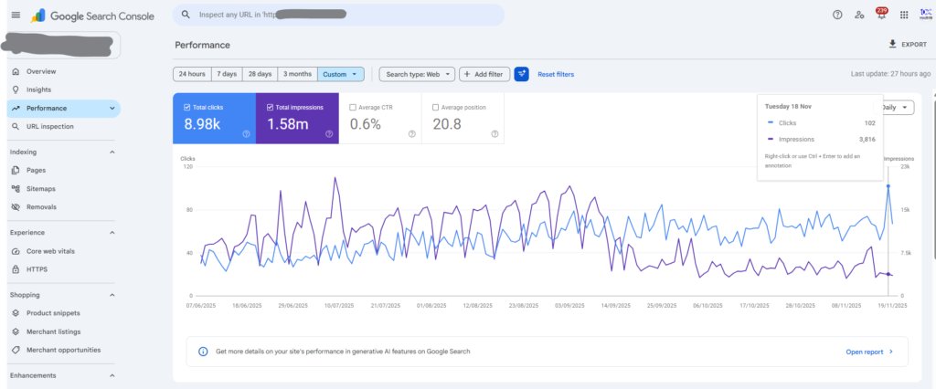 Screenshot: Search performance Client 1